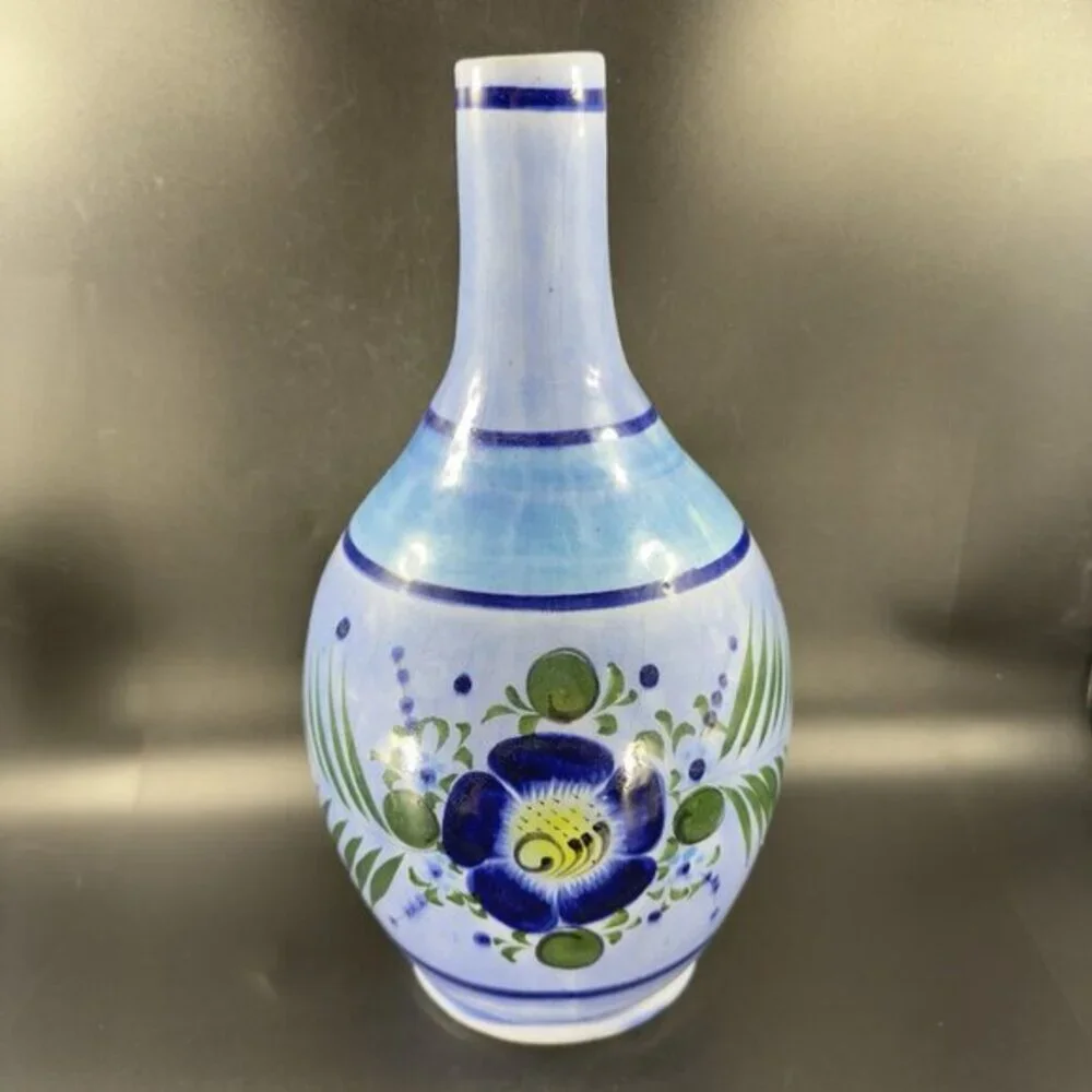 Vintage Mexican Pottery Jug‎ Tall Vase Hand Painted Stoneware Decor Marked VTG
